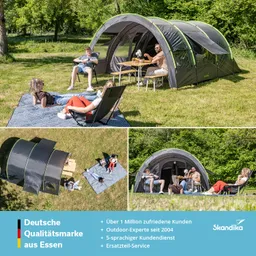 Ein zeltähnlicher Aufbau auf einer Wiese mit mehreren Personen. Zwei Personen entspannen auf einer Decke, während eine weitere Person am Tisch sitzt. Weitere Zeltansichten im Bild.