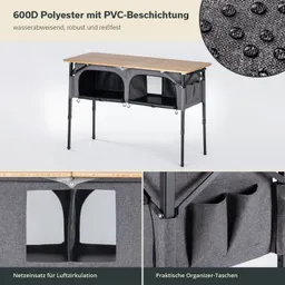 Klappbarer Tisch aus Holz mit grauen Polyester-Taschen und Metallbeinen, bietet Stauraum und Belüftung.