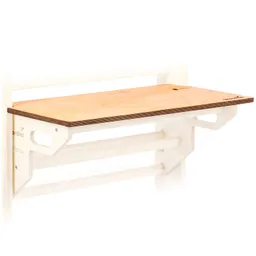 Wandregal mit einer Holzplatte und seitlichen Halterungen aus hellem Material.