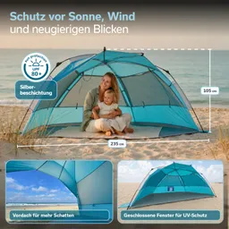 Zelt in Hellblau mit mesh Pano-Fenstern steht am Strand. Sand und Meer im Hintergrund. Details zu Stabilität und Fensteroptionen.