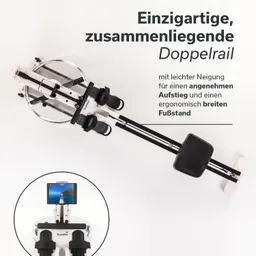 Fitnessgerät mit Doppelschienen, einem Sitz, Griffen und einem Displayhalter für Tablets. Eindeutige ergonomische Gestaltung.