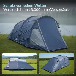 Blaue Zeltkonstruktion auf einer Wiese, umgeben von Bäumen und Wasser, mit weiteren Zeltbildern im unteren Bereich.