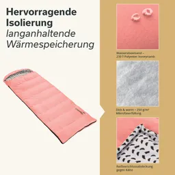 Schlafsack in sanften Rosa-Tönen, mit gestepptem Design und innerer Füllung aus Mikrofasern. Seitenansicht zeigt Reißverschluss und Futter.