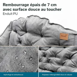 Graues gepolstertes Kissen mit 7 cm dickem Bezug, nässeabweisend mit Wassertröpfchen auf der Oberfläche. Markenlabel sichtbar.