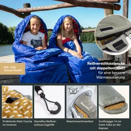 Zwei Kinder sitzen auf einer Holzplattform am Wasser, eingekuschelt in blaue Schlafsäcke. Im Hintergrund ist ein See sichtbar. Oben rechts sind Details des Schlafsacks abgebildet.