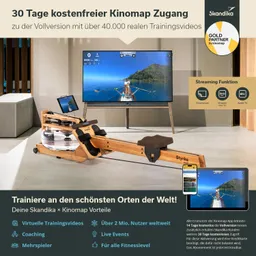Rudergerät aus Holz mit Wasserbehälter vor einem Fernseher, der eine Trainingsanwendung zeigt. Informationen zu Kinomap-Angeboten.