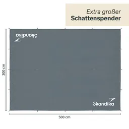 Grauer Sonnenschirm mit den Maßen 500 cm x 300 cm. Logo "Skandika" in Weiß auf der unteren rechten Ecke.