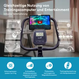 Trainingsgerät mit Tablet-Halterung, Display zeigt Herzschläge, Entfernung, Zeit, Kalorien und Geschwindigkeit an.