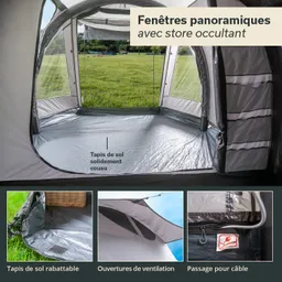 Zeltinnenseite mit grauem Boden, großen Fenstern und Ventilationsöffnungen. Informationen zu Materialien und Funktionen in Textfeldern.