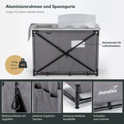 Aluminiumrahmen und graues Stoffdesign mit Spannzügen sowie seitlichen Organizer-Taschen. 50 kg Tragkraft angegeben.