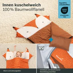 Schlafsack mit Fuchsdesign aus Baumwollflanell, mit abnehmbarem Kissenbezug, auf einem hellen Teppich.