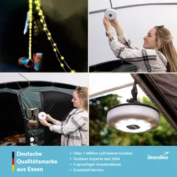 Lichterkette und eine Person im Zelt, die eine Lampe befestigt. Zelt-Details im Hintergrund sichtbar.