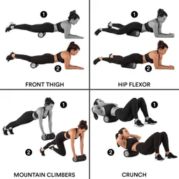 Vier Übungen zur Fitness, dargestellt durch eine Person auf einer Matte mit einem Schaumstoffroller. Oben links: Oberschenkeldehnung. Oben rechts: Hüftbeuger-Dehnung. Unten links: Mountain Climbers. Unten rechts: Crunches.