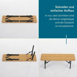 Faltbare Sitzbank aus Holz mit schwarzen Metallbeinen. Anleitung für den schnellen Aufbau in zwei Schritten.