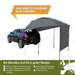 Schwarzes Auto mit offenem Kofferraum und grauem Sonnenschutzdach. Text und Informationen zu Skandika im Hintergrund.