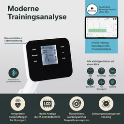 Anzeige eines Trainingsgeräts mit LCD-Bildschirm. Informationen über Zeit, Ruderzüge, Kalorien, Puls und Distanz.