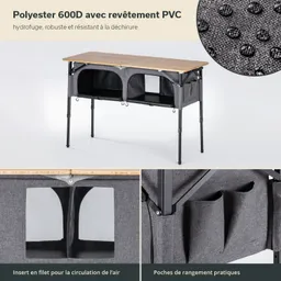 Klappbarer Tisch mit Holzplatte und grauem Stoffunterbau, besteht aus Polyester. Enthält Fächer und Netz für Belüftung.