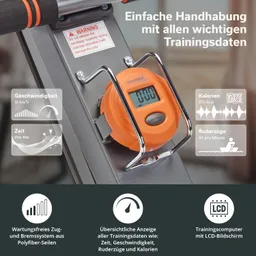Bild eines Trainingsgeräts mit einem orangefarbenen LCD-Computer, der Zeit, Geschwindigkeit, Ruderschläge und Kalorien anzeigt.
