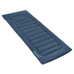Blaue Schlafmatte mit gestepptem Muster und seitlicher Logoprägung.