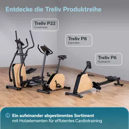 Drei Fitnessgeräte auf einem Holzfußboden: ein Crosstrainer, ein Ergometer und ein Rudergerät. Wand im Hintergrund.