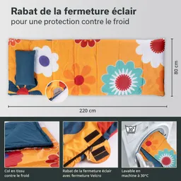 Die Abbildung zeigt einen bunten Schlafsack mit blühenden Mustern auf orangefarbenem Hintergrund. Rechts sind Details wie Maße (220 cm x 80 cm), ein Reißverschluss, mit einem Velcro-Riegel und Symbole zum Waschen bei 30°C zu sehen.