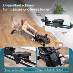 Rudergerät mit jemandem, der rudert. Fokussierte Details zeigen gepolsterten Sitz und ergonomische Fußstützen. Holzfußboden.