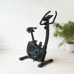 Ergometer in Schwarz mit einem blauen Detail, stehend auf einem hellen Holzboden neben einer Pflanze in einem Topf.
