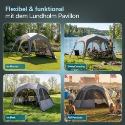 Pavillon in vier Bildern: im Garten, beim Camping, im Park und auf Festivals. Verschiedene Nutzungsmöglichkeiten und Umgebungen.