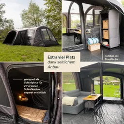 Zelt auf Wiese mit Seitenanbau, Innenansicht mit Möbeln, Ablage und Schlafbereich. Fenster sorgen für Helligkeit.