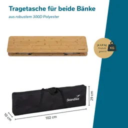Tragetasche für Bänke in zwei Ansichten: oben eine Holzplatte, unten eine schwarze Tasche mit Maßen und Gewicht.