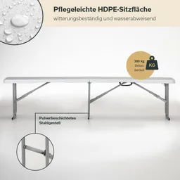 Faltbare Tischplatte aus HDPE in Weiß mit silbernem Stahlgestell und einem maximales Gewicht von 300 kg.