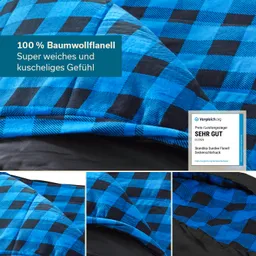 Flanell-Deckenstoff mit blau-schwarz karierter Musterung und einem Hinweis auf 100 % Baumwollflanell.