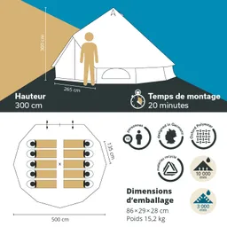 Zeltansicht mit Maßen: Höhe 300 cm, Breite 265 cm, und 20 Minuten Aufbauzeit. Innenansicht für 10 Personen gezeigt. Verpackungsmaße: 86x29x28 cm.