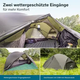 Zeltinnenecke mit zwei wettergeschützten Eingängen, Schlafmatte und Rucksack. Außenzelt in natürlicher Umgebung gezeigt.