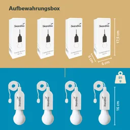 Drei Produktverpackungen für eine Campinglampe auf beigeem Hintergrund. Darunter sind drei ähnliche Lampen mit Kabel abgebildet.