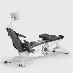 Sitzende Rudergerät in Weiß und Grau, mit verstellbarem Sitz und digitalem Display. Ruderblätter und Fußstützen sichtbar.