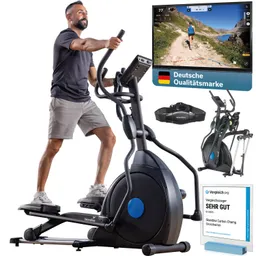 Mann benutzt einen Crosstrainer. Neben ihm ein Bildschirm mit Laufstrecke und Auswertung. Weitere Crosstrainer und Auszeichnungen im Bild.