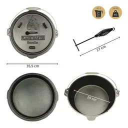 Gusseisen-Kochtopf mit Deckel, Durchmesser 35,5 cm, Volumen 8,5 l. Separate Abbildung eines Griffs. Gewicht 9,9 kg.