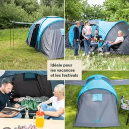 Zelt mit blauer Abdeckung in einer grünen Wiese. Menschen stehen und sitzen, genießen Getränke und Snacks.