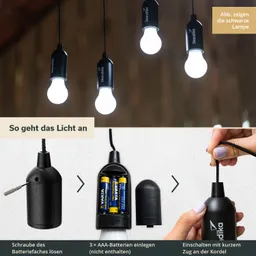 Drei hängende Lampen mit leuchtenden Glühbirnen sind zu sehen. Unten ist eine Anleitung zur Montage eines Batteriefachs mit Illustrationen.