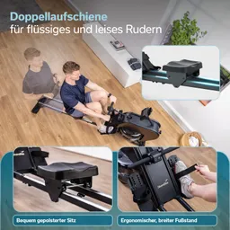 Rudergerät mit doppelter Aufschiene, gepolstertem Sitz und ergonomischem Fußstand in einem hellen Raum.