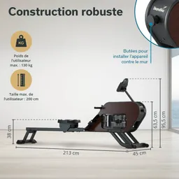 Rudergerät mit technischen Spezifikationen: max. Benutzergewicht 130 kg, max. Größe 200 cm, Maße 213 cm x 45 cm x 95,5 cm.
