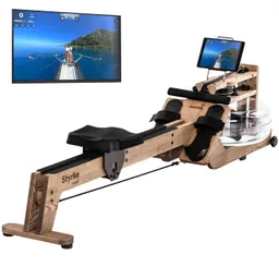 Rudergerät aus Holz mit Wasserwiderstand, ausgestattet mit einem Monitor und Halterung für ein mobiles Gerät.