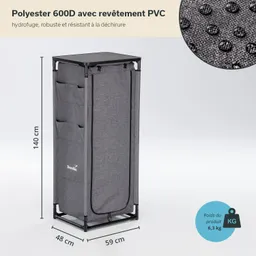 Grau gefertigter Aufbewahrungsschrank mit einer Höhe von 140 cm, Breite von 59 cm und Tiefe von 48 cm. Er hat seitliche Taschen.