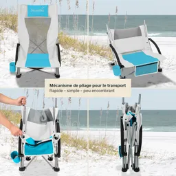 Klappstuhl in verschiedenen Ansichten auf einem Sandstrand, mit blau-weißer Polsterung, abgebildet.