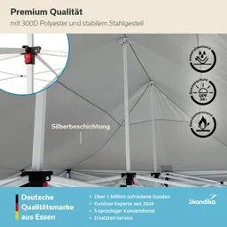 Faltbare Markise aus 300D Polyester mit Stahlgerüst, silberbeschichtet. Sicherungsmechanismus und Schutzsymbole sind sichtbar.