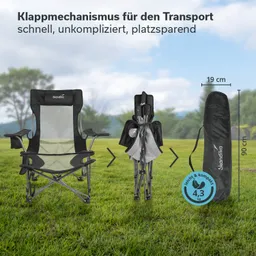 Klappstuhl auf Wiese, links aufrecht, in der Mitte zusammengefaltet, rechts in tragbarer Tasche. Maße und Gewicht vermerkt.