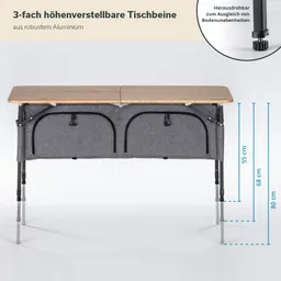 Klappbarer Tisch mit zwei Holzplatten und höhenverstellbaren Aluminiumbeinen. Graues Stoffdesign unterhalb. Maße sind abgebildet.