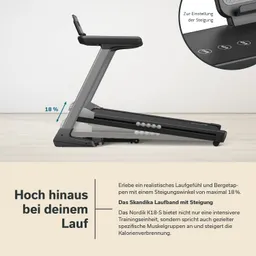 Laufband in seitlicher Ansicht mit einem Steigungswinkel von 18 %. Beschreibungstext im Hintergrund über die Funktionen.