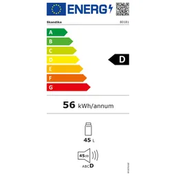 Energieeffizienzlabel mit Bewertung D, 56 kWh/Jahr, 45 Liter Volumen und Geräuschpegel von 45 dB.